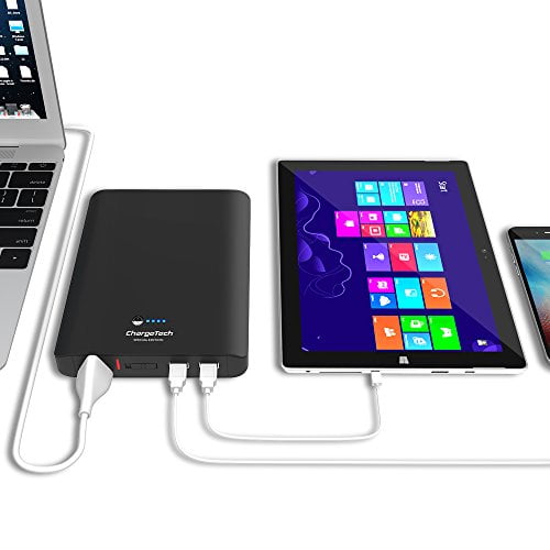 - External Power Bank Charger for MacBooks Portable AC Outlet Battery Pack by ChargeTech 27000mAh 85W // 110V Laptops Cameras CPAP Machines Camping TSA Approved for Airline Travel BLACK